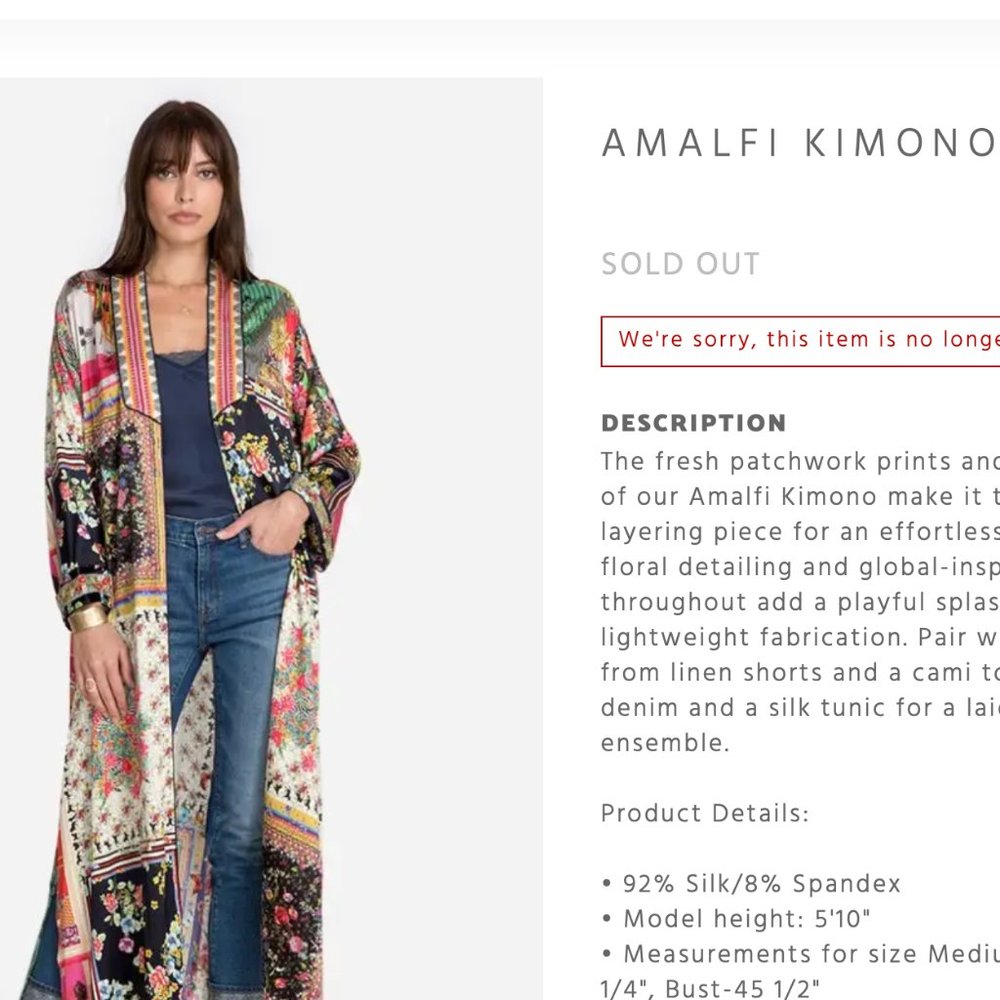 Johnny Was long silk kimono with tie, multi color, multi pattern